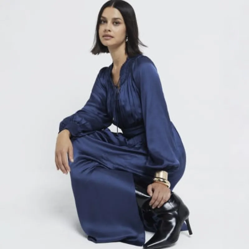 Blue Long Sleeve Satin Maxi Dress sold by River Island