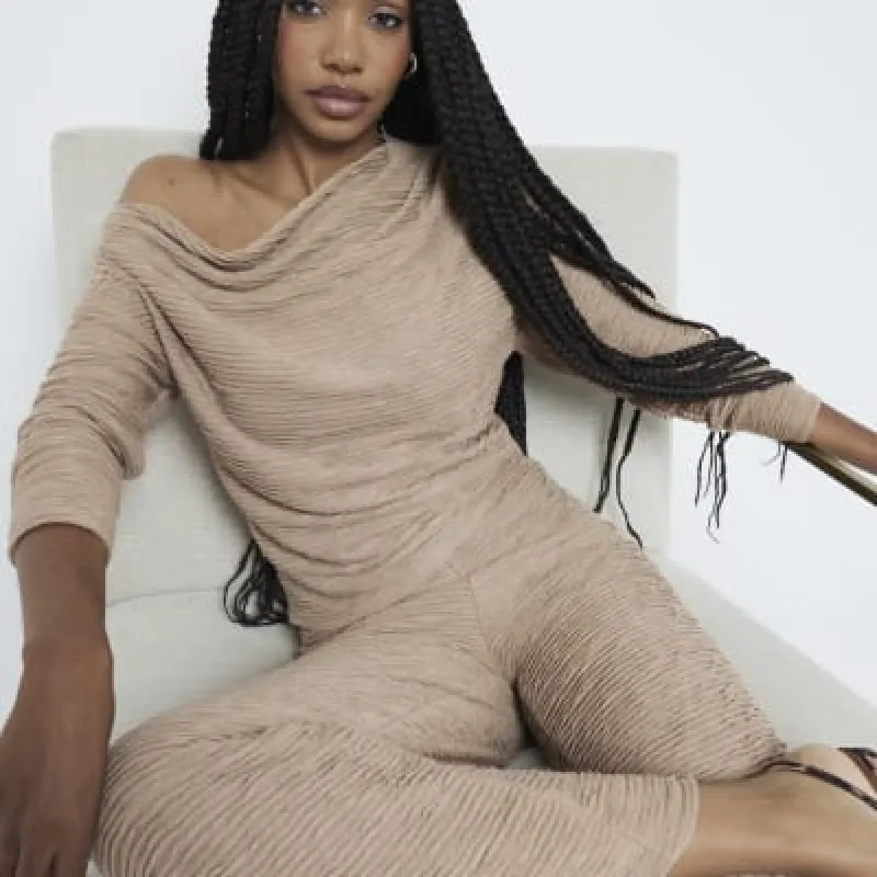 Beige Textured Wide Leg Trousers sold by River Island
