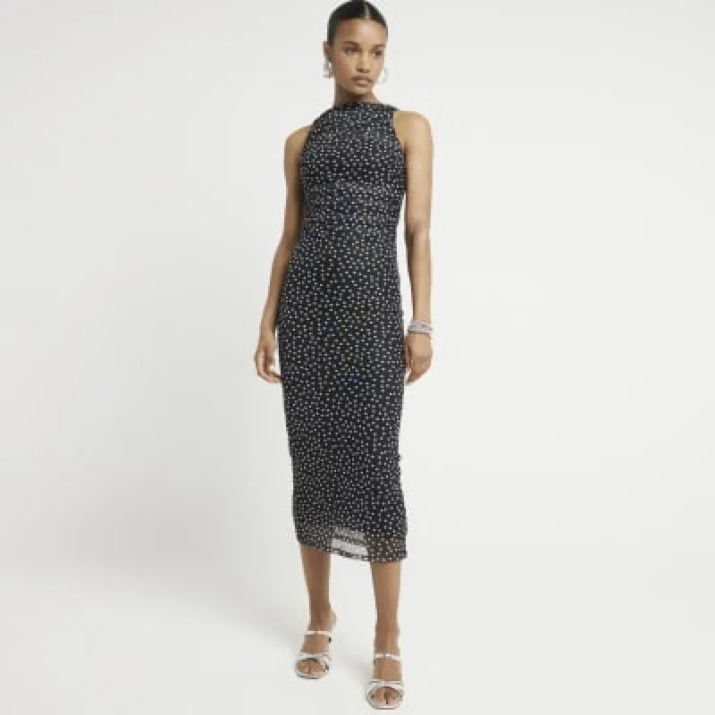 Black mesh spot ruched bodycon midi dress sold by River Island