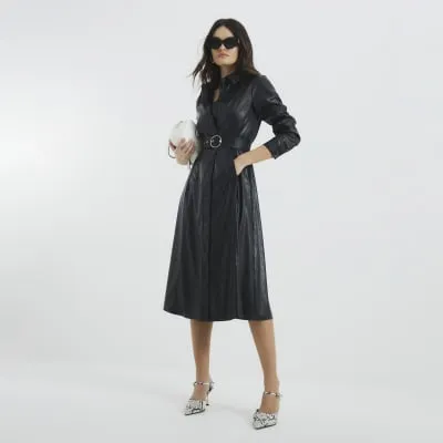 Black Faux Leather Midi Shirt Dress sold by River Island