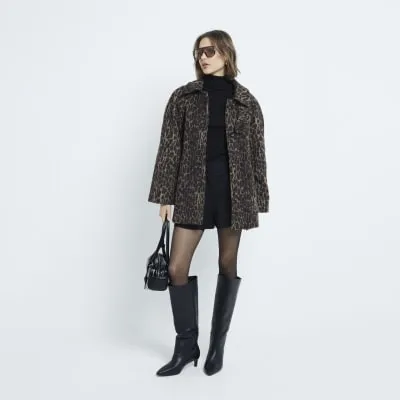 Brown Leopard Print Funnel Neck Coat sold by River Island