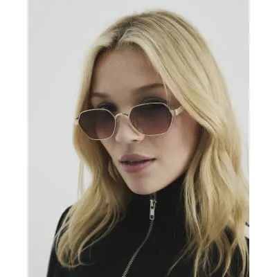 Gold Metal Retro Hexagon Sunglasses sold by River Island
