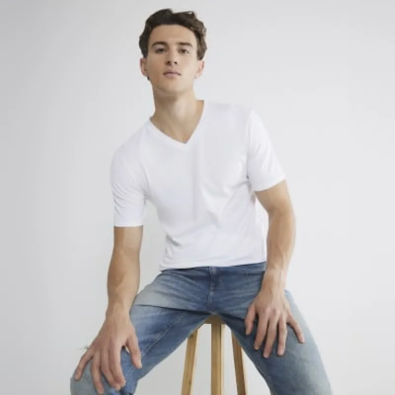 White Muscle Fit V-Neck T-Shirt sold by River Island