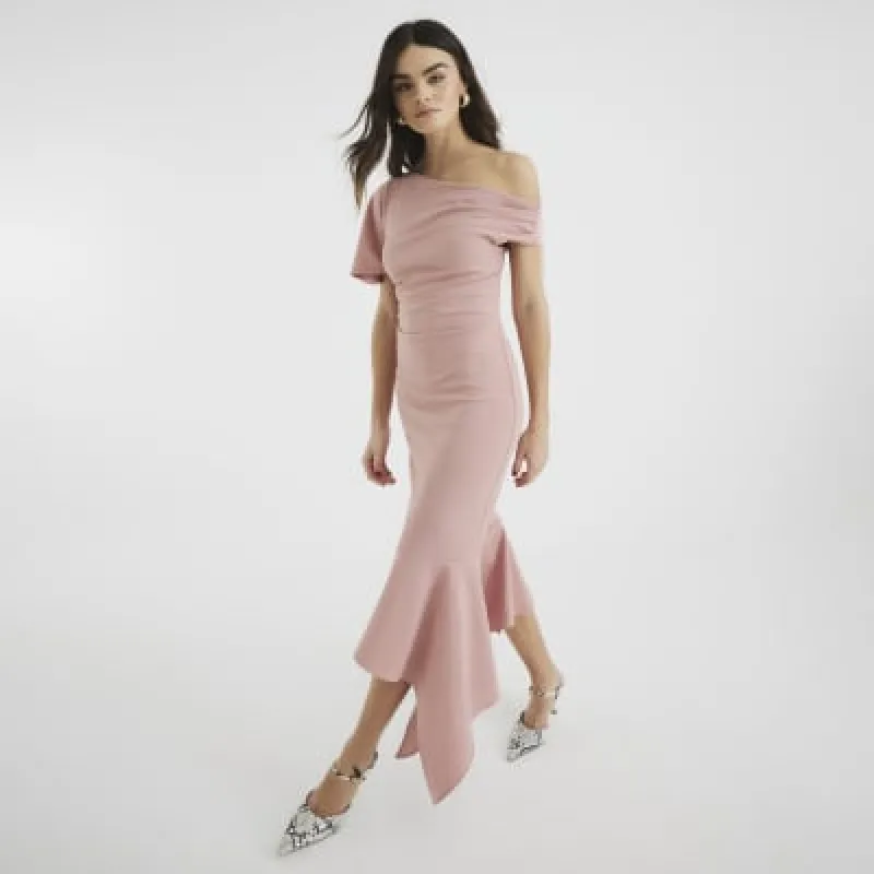 Pink Drape Asymmetric Hem Midi Dress sold by River Island