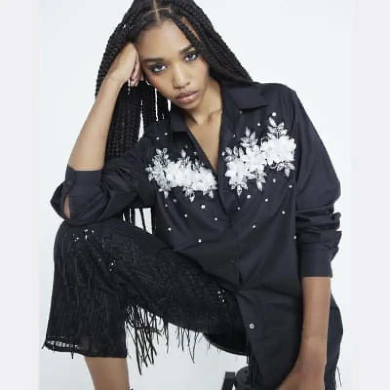 Black Long Sleeve 3D Floral Shirt sold by River Island