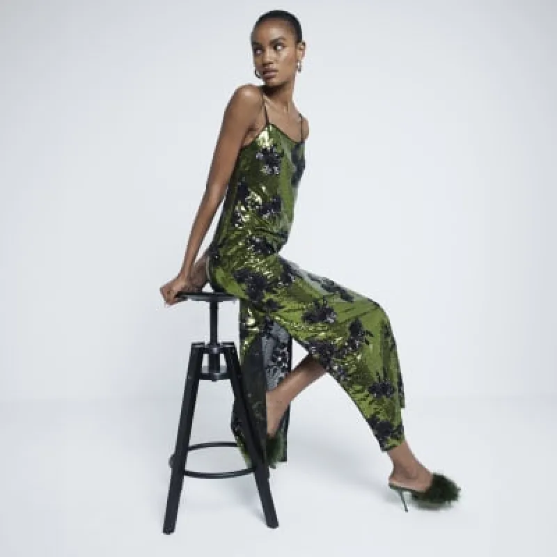 Green Sequin Strappy Floral Slip Maxi Dress sold by River Island