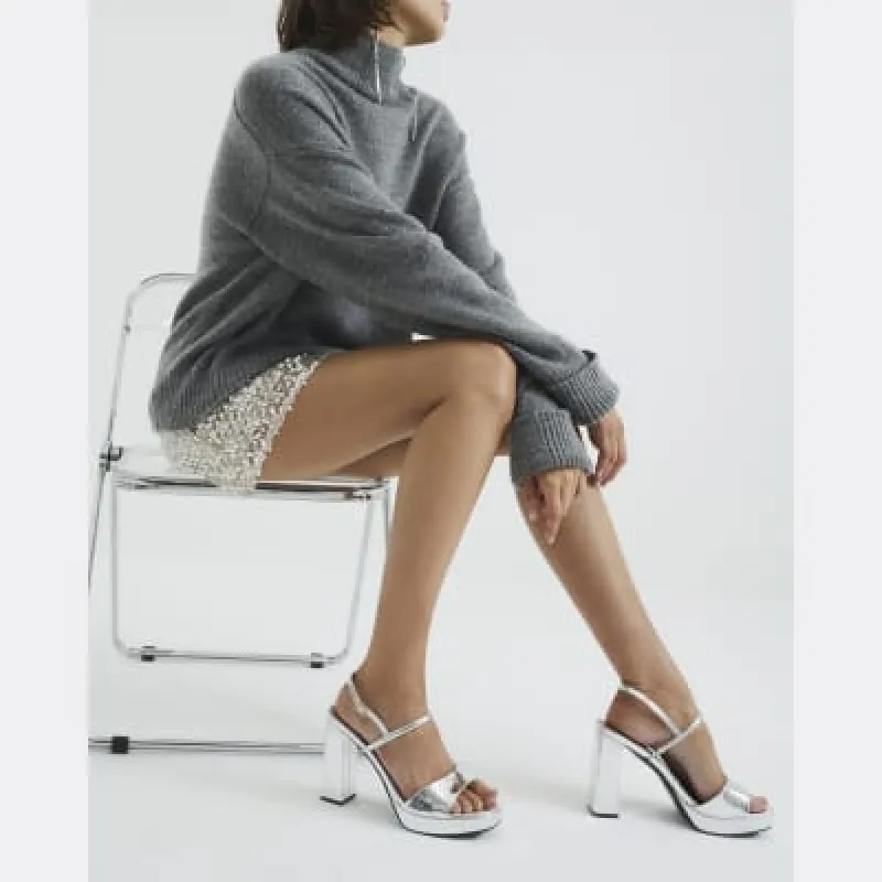 Silver Sling Back Heeled Platform Sandals sold by River Island