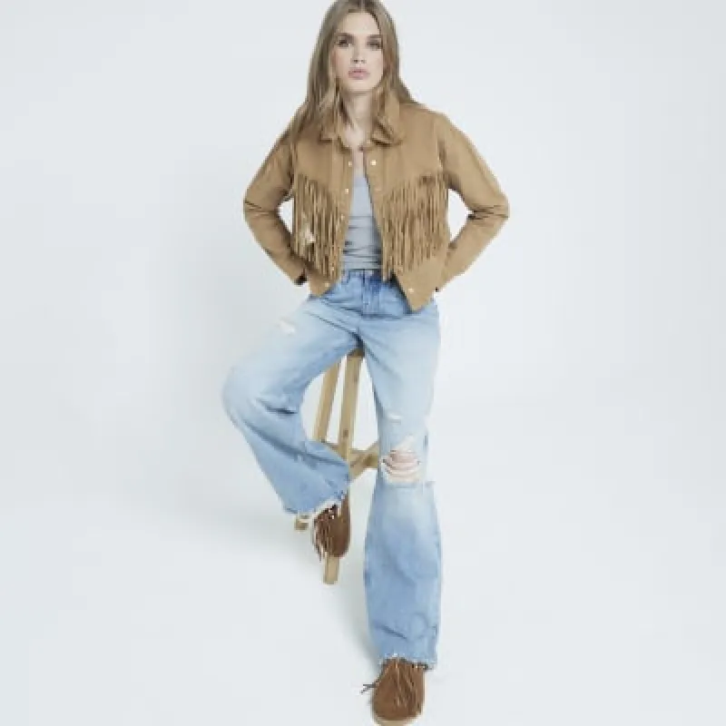 Brown Suede Fringed Clog Shoes sold by River Island