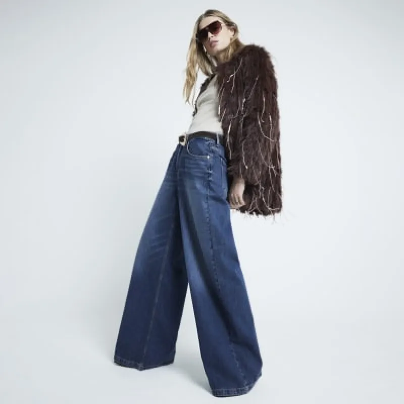 Brown Faux Fur Sequin Fringe Jacket sold by River Island