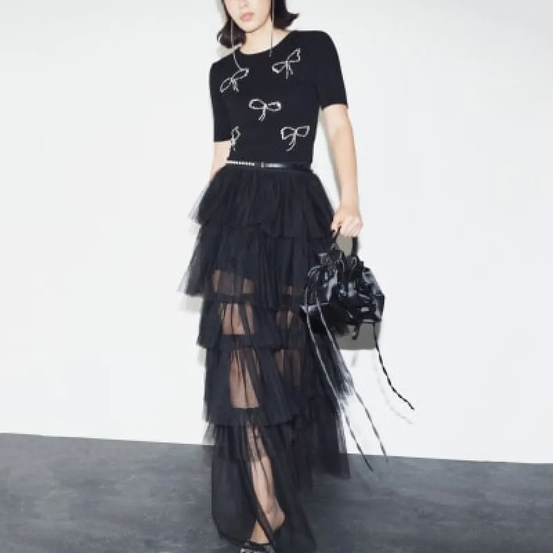 Black Mesh Tulle Layered Maxi Skirt sold by River Island