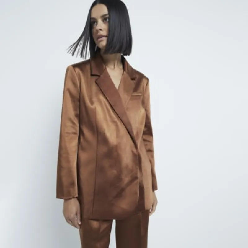 Brown Bonded Satin Double Breasted Blazer sold by River Island