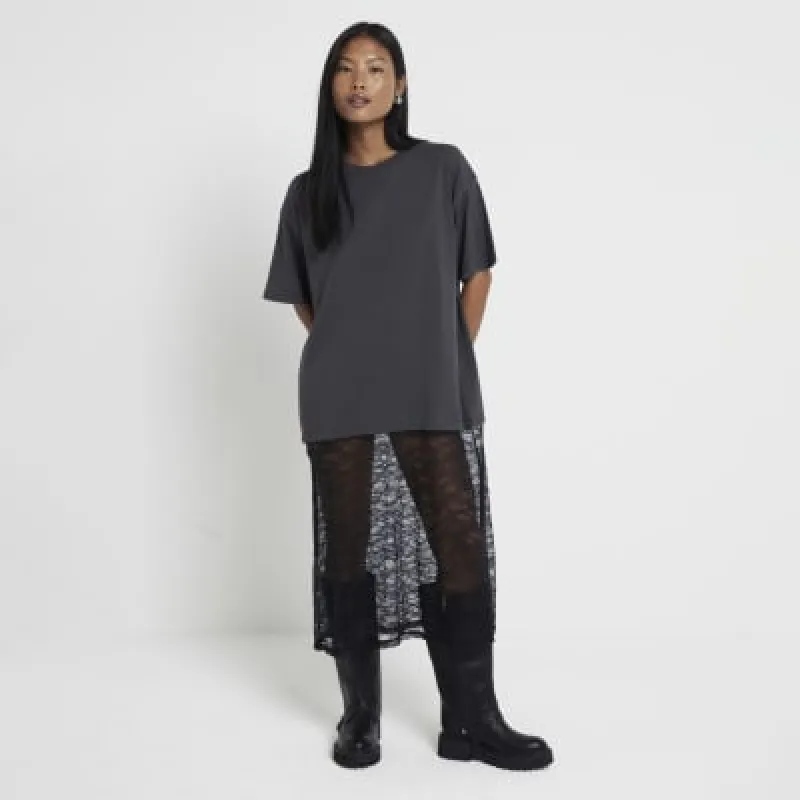 Petite Grey hybrid Lace T-Shirt Midi Dress sold by River Island