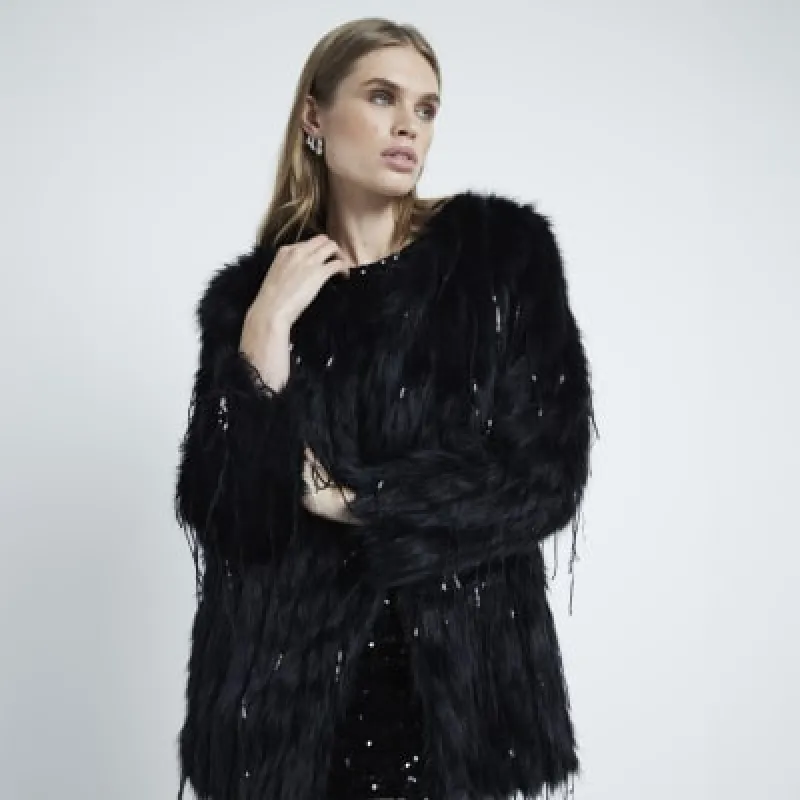 Black Faux Fur Sequin Fringe Jacket sold by River Island