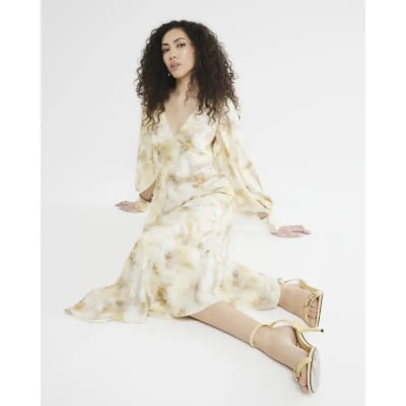 Yellow Long Sleeve V-Neck Midi Dress sold by River Island