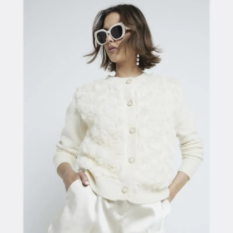 Cream 3D Floral Knit Cardigan sold by River Island