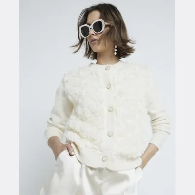 Cream 3D Floral Knit Cardigan sold by River Island
