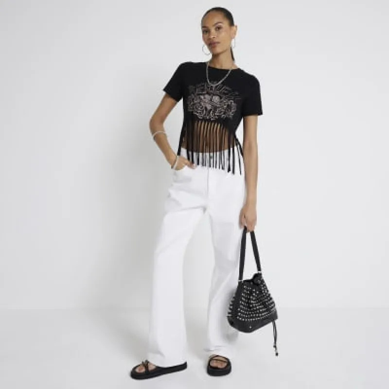 Black Rock Print Fringe Crop graphic T-shirt made by River Island