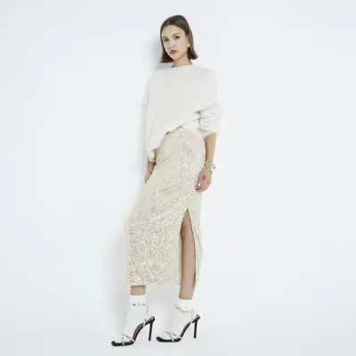Gold Sequin Pull On Midi Skirt sold by River Island