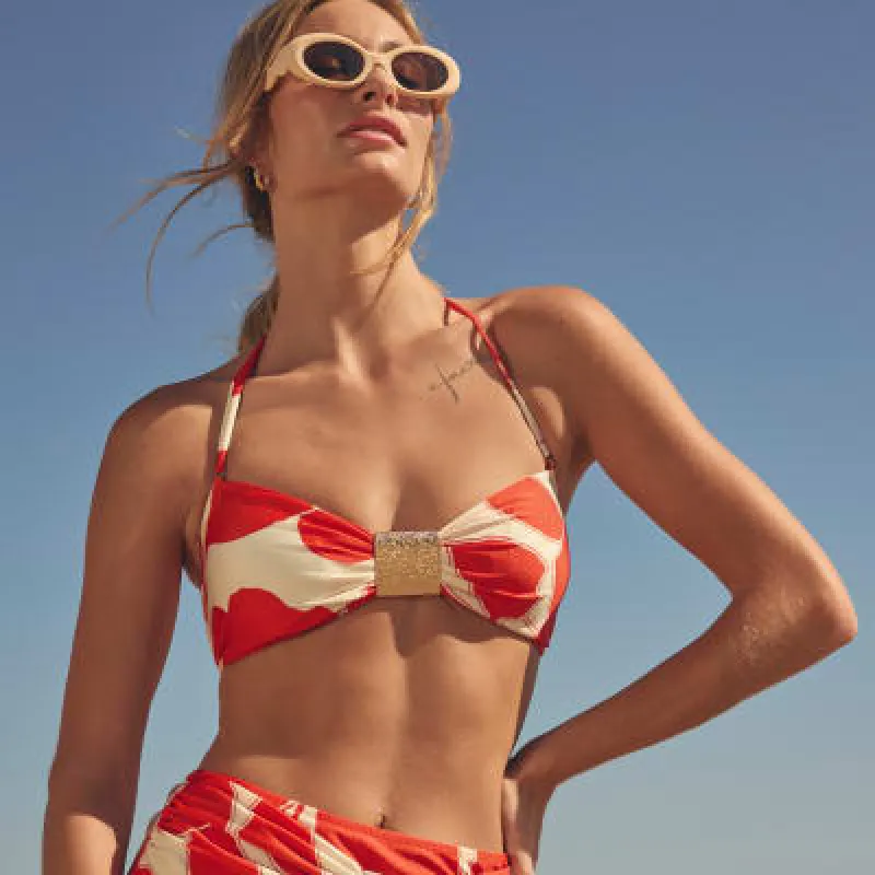 Red Floral Bandeau Bikini Top sold by River Island
