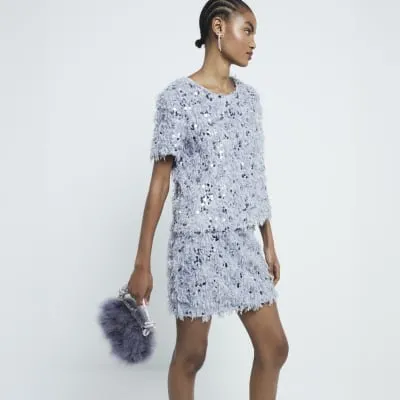 Silver Feather Sequin Skirt sold by River Island