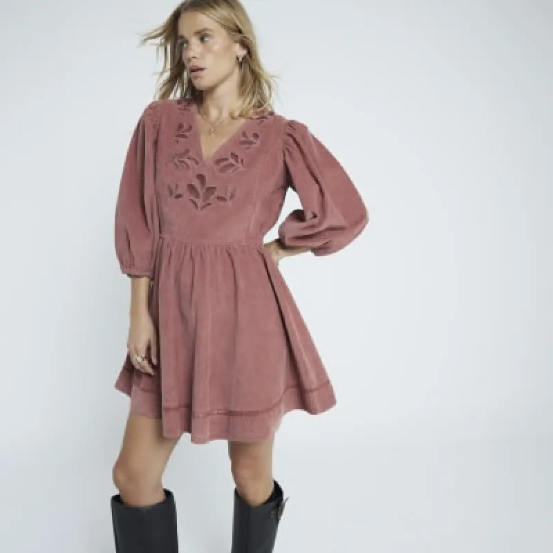 Pink Corduroy Cutwork Mini Skater Dress sold by River Island