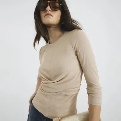 Beige Long Sleeve Wrap Top sold by River Island