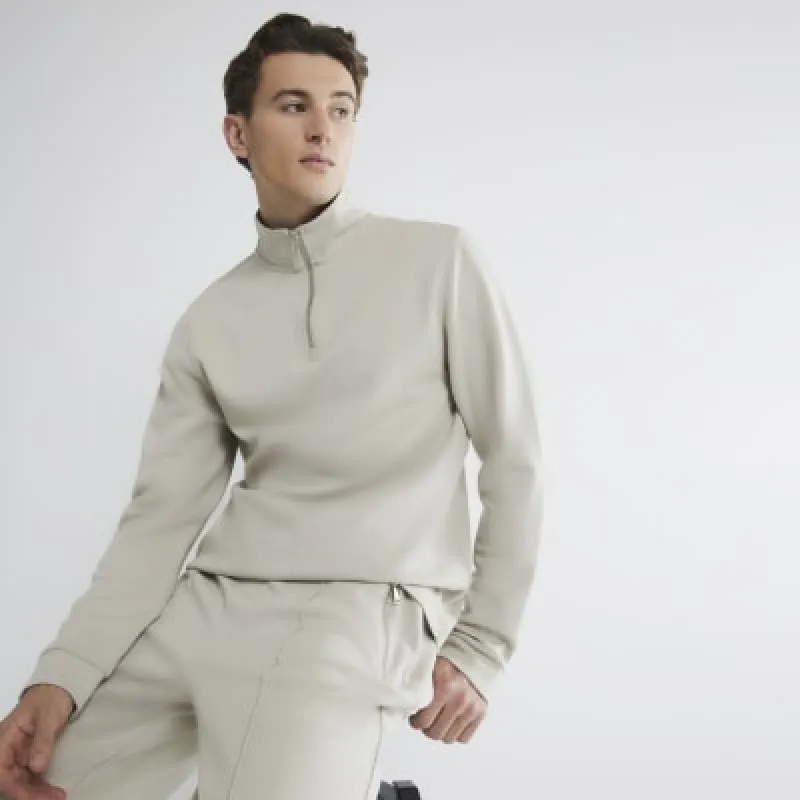 Ecru Slim Fit Funnel Polo Sweatshirt sold by River Island