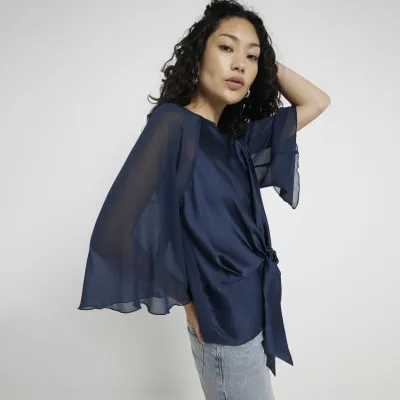 Blue Satin Hybrid Tie Front Top sold by River Island