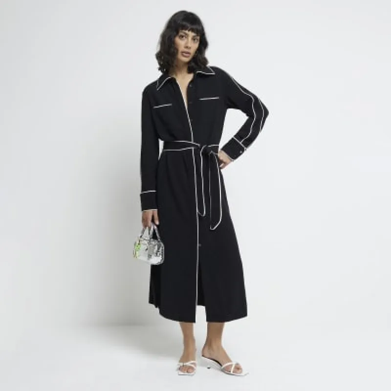 Black Long Sleeved Tipped Belted Shirt Dress sold by River Island