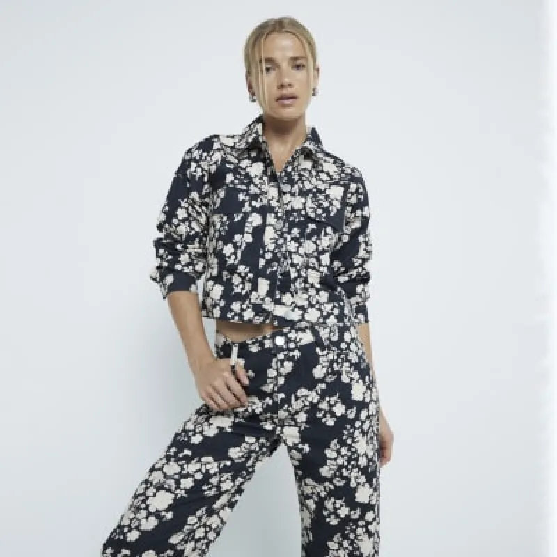 Black Floral Denim Jacket sold by River Island