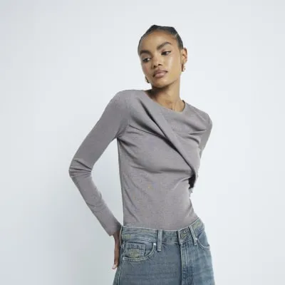 Grey Mesh Long Sleeve Twist Top sold by River Island