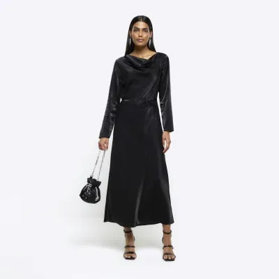 Black long sleeve cowl neck column dress sold by River Island