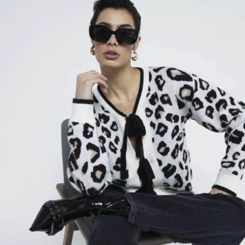 Beige Knit Leopard Print Tie Cardigan sold by River Island