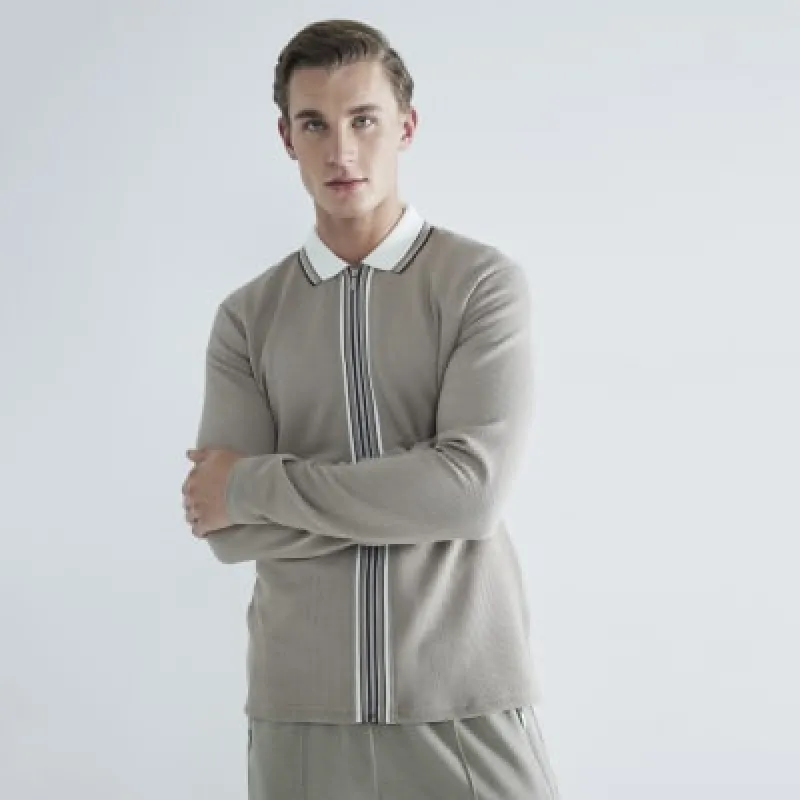 Stone Slim Fit Tipped Zip Through Polo Shirt sold by River Island