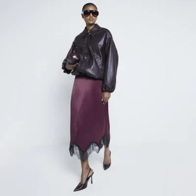 Burgundy Satin Lace Hem Midi Skirt sold by River Island