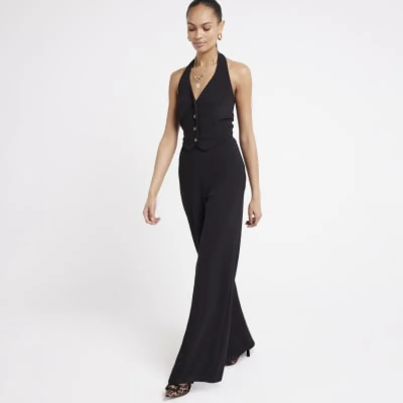 Black Halter Neck Waistcoat Jumpsuit sold by River Island