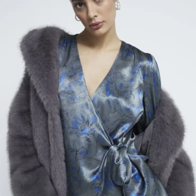 Grey Long Sleeve Floral Wrap Blouse sold by River Island