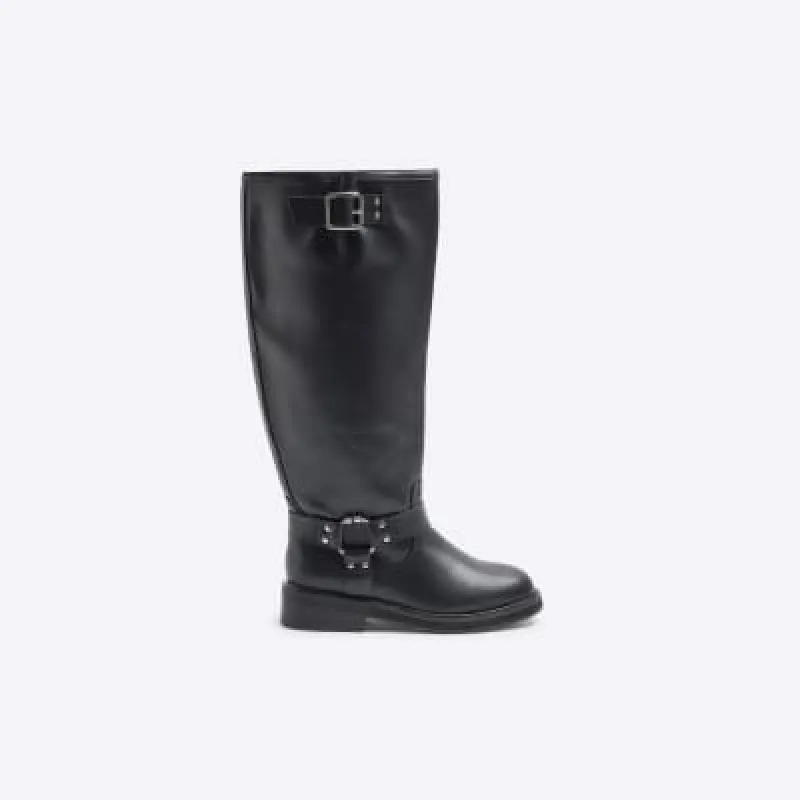 Black Wide fit High Leg Biker Boots sold by River Island
