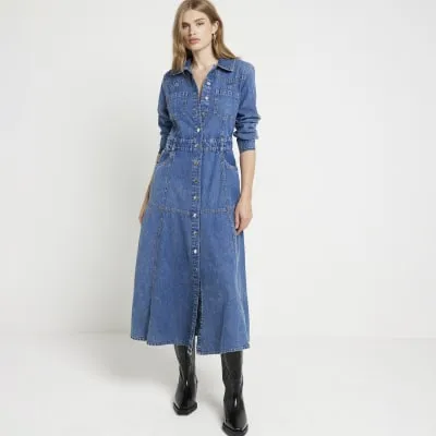 Blue denim midi shirt dress sold by River Island