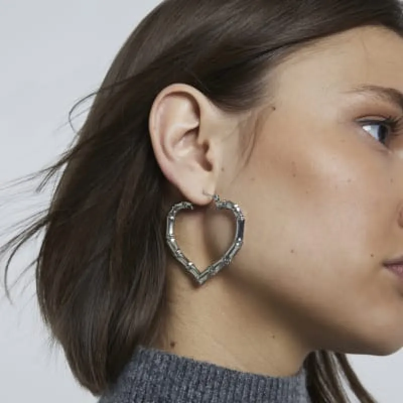Silver Heart Bamboo Hoop Earrings sold by River Island