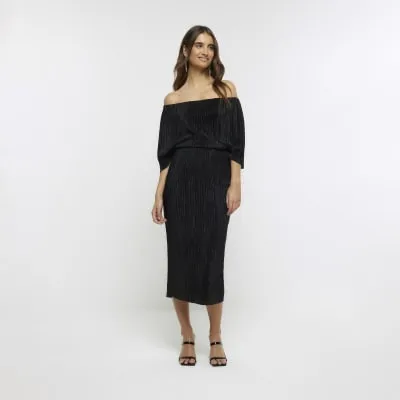 Black bardot drape plisse midi dress sold by River Island