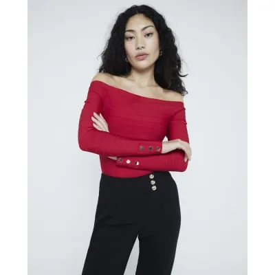 Red Long Sleeve Bandage Bardot Top sold by River Island