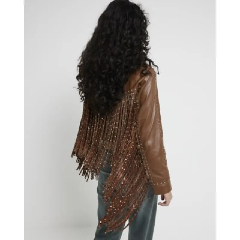 Brown Studded Fringed Leather Jacket sold by River Island