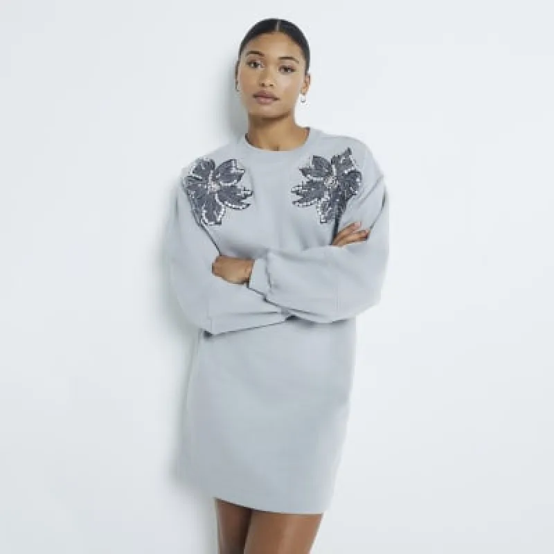 Grey Sequin Flower Sweatshirt Dress sold by River Island