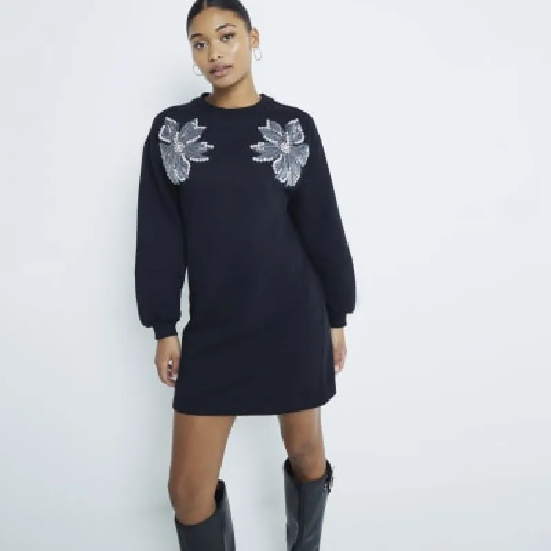 Black Sequin Flower Sweatshirt Dress sold by River Island