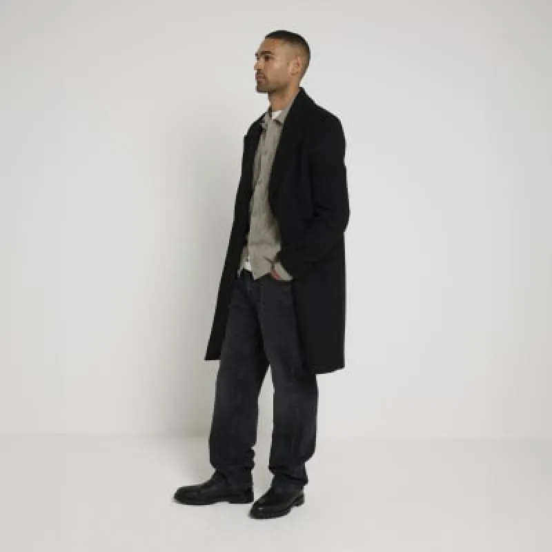 Black regular fit wool blend premium coat sold by River Island