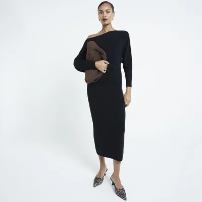 Black Knit Off The Shoulder Maxi Dress sold by River Island