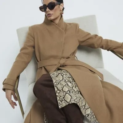 Brown Italian Wool Blend Belted Wrap Coat sold by River Island
