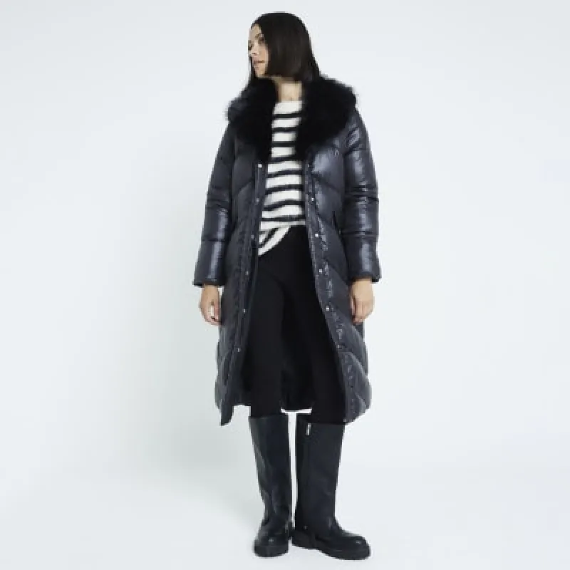 Black padded long line jacket sold by River Island