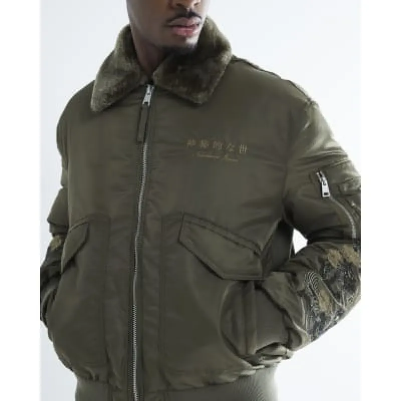 Khaki Embroidery Borg Collared Bomber Jacket sold by River Island